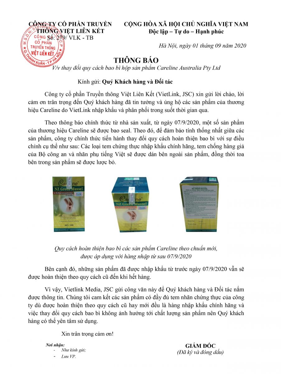 Thay đổi quy cách bao bì hộp sản phẩm CareLine