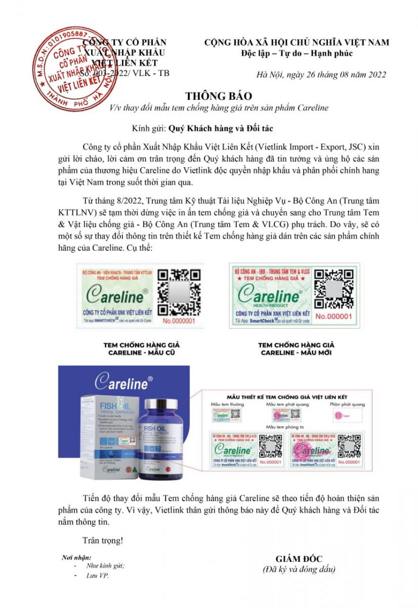 Thông báo: Thay đổi mẫu tem chống hàng giả trên sản phẩm Careline 